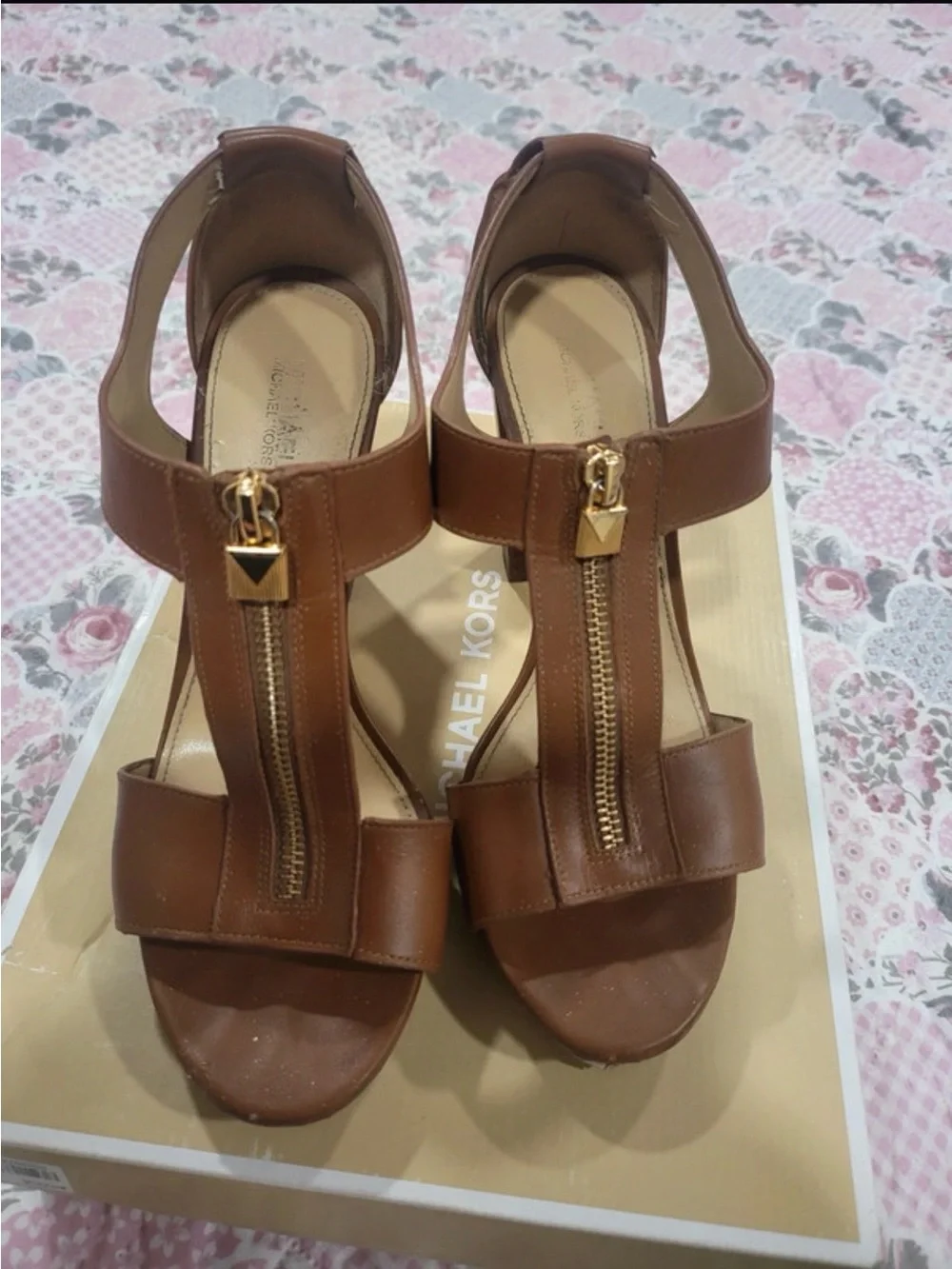 Michael Kors Brown Leather T-Strap Heeled Sandals with Gold Zipper